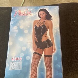 Nola Black Strappy Bodysuit with Fishnet Stockings